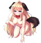  1girl absurdres ahoge all_fours animal_ears arm_up barefoot blonde_hair blue_eyes breasts collar dog_ears dog_tail groin highres kosobin long_hair navel nipples nude original paw_pose simple_background small_breasts solo tail toes very_long_hair white_background 
