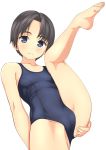  1girl absurdres androgynous barefoot black_hair blue_eyes blue_swimsuit cowboy_shot flat_chest highres looking_at_viewer lying new_school_swimsuit original school_swimsuit short_hair simple_background solo split spread_legs standing standing_on_one_leg standing_split swimsuit takafumi white_background 