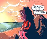  anaugi anthro beach clothed clothing cloud dialogue domestic_cat felid feline felis female fur g_gundam hair hi_res hoodie looking_aside mammal penny_(anaugi) pink_fur purple_hair red_eyes rock sea seaside shadow sitting smile solo speech_bubble sunset topwear water 