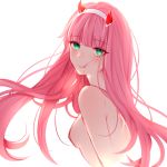  1girl breasts commentary cropped_torso darling_in_the_franxx green_eyes hairband horns long_hair looking_at_viewer miiuna nude pink_hair simple_background small_breasts solo upper_body white_background white_hairband zero_two_(darling_in_the_franxx) 