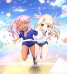  2girls blush breasts buruma chloe_von_einzbern closed_eyes dark_skin fate/kaleid_liner_prisma_illya fate_(series) gym_uniform highres illyasviel_von_einzbern long_hair looking_at_viewer multiple_girls official_art open_mouth pink_hair red_eyes running shirt shoes smile three-legged_race white_hair 