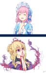  blonde_hair braid cherry_blossoms closed_eyes gap hair_bun highres japanese_clothes kimono pink_hair purple_eyes saigyouji_yuyuko short_hair simple_background smile touhou vh(yuv-achi) yakumo_yukari 