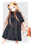  1girl :o abigail_williams_(fate/grand_order) alternate_costume bangs black_bow black_dress blonde_hair blue_eyes bow commentary_request dress eyebrows_visible_through_hair fate/grand_order fate_(series) forehead frilled_dress frills grey_background hair_bow highres holding holding_stuffed_animal long_hair looking_at_viewer orange_bow orange_ribbon parted_bangs parted_lips ribbon sanbe_futoshi short_sleeves solo stuffed_animal stuffed_toy teddy_bear two-tone_background very_long_hair white_background 