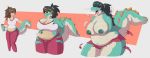  2019 alligator alligatorid anthro big_breasts black_hair bottomwear breast_expansion breasts brown_hair candy chocolate clenched_teeth clothing crocodilian eyes_closed female food growth hair hi_res human_to_anthro navel nipples open_mouth overweight pants ponytail reptile scalie sequence sharkrags shirt simple_background slightly_chubby solo species_transformation teeth thick_thighs topwear torn_clothing transformation weight_gain wide_hips yellow_sclera 