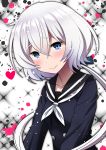  1girl ai_wa_muteki black_sailor_collar blue_eyes commentary_request dress heart konno_junko lips looking_at_viewer low_twintails sailor_collar sailor_dress solo sparkle_background twintails upper_body white_background white_hair white_neckwear zombie_land_saga 
