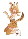  1girl :d animal_ear_fluff animal_ears animal_print bangs bare_shoulders boots bow bowtie breasts elbow_gloves eyebrows_visible_through_hair full_body gloves hair_between_eyes high-waist_skirt highres kemono_friends looking_at_viewer medium_breasts open_mouth orange_eyes orange_hair orange_skirt paw_pose serval_(kemono_friends) serval_ears serval_print serval_tail shirt short_hair simple_background skirt sleeveless sleeveless_shirt smile solo tail tanuki_koubou thighhighs white_background white_footwear white_shirt zettai_ryouiki 
