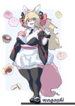  4_fingers absurd_res anthro big_breasts blonde_hair blue_eyes blush breasts canid canine canis cleavage clothed clothing domestic_dog dress female fingers footwear hair hand_on_breast hi_res japanese_clothing kemono kimono legwear long_hair looking_at_viewer mammal necktie open_mouth pastries shoes simple_background solo standing thigh_highs wanko0487 white_background 