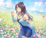  1girl absurdres anbe_yoshirou arm_behind_back arm_ribbon black_hair blue_skirt blue_sky breasts cleavage detached_sleeves field final_fantasy final_fantasy_viii flower flower_field highres huge_filesize index_finger_raised jewelry leaning_forward long_hair mountainous_horizon multicolored_hair necklace petals ribbon rinoa_heartilly shorts shorts_under_skirt skirt sky smile solo two-tone_hair 