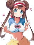  1girl blue_eyes breasts brown_hair double_bun double_v highres makuran mei_(pokemon) navel pokemon pokemon_(game) v visor_cap 