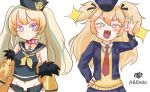  2girls :3 abineko artist_name azur_lane bache_(azur_lane) bache_(azur_lane)_(cosplay) black_sailor_collar blazer blonde_hair blue_eyes blue_headwear collar commentary cosplay costume_switch fang fur-trimmed_jacket fur_trim girls_frontline hat highres jacket long_hair long_sleeves look-alike micro_shorts midriff multiple_girls ok_sign open_blazer open_clothes open_jacket open_mouth peaked_cap police_hat purple_eyes red_neckwear sailor_collar school_uniform shorts sleeveless sparkle super_shorty_(girls_frontline) super_shorty_(girls_frontline)_(cosplay) two_side_up 