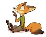  2019 ambiguous_gender anthro barefoot bottomwear brown_ears canid canine cheek_tuft clothed clothing cute_fangs dipstick_tail disney elbow_tufts fox fuel_(artist) gesture gloves_(marking) mammal markings multicolored_tail neck_tuft necktie nick_wilde open_mouth pants pawpads pointing reaction_image red_fox shirt simple_background sitting solo topwear tuft white_background zootopia 