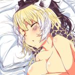  1girl animal_ears bangs blonde_hair blush breasts brown_hair chabo-kun closed_eyes collarbone commentary_request eyebrows_visible_through_hair giraffe_ears giraffe_horns hair_between_eyes highres kemono_friends long_hair lying nude on_side parted_lips pillow reticulated_giraffe_(kemono_friends) sleeping solo upper_body white_hair 
