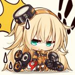  ! 1girl 7:08 bang black_legwear blonde_hair chibi commentary_request eating eyebrows_visible_through_hair finger_gun food food_in_mouth food_on_face girls_frontline green_eyes hair_between_eyes hairband highres jacket long_hair looking_at_viewer messy_hair miniskirt necktie orange_jacket pizza pizza_box s.a.t.8_(girls_frontline) skirt sweatdrop wing_collar 