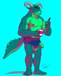  anthro beverage bulge clothing coffee cup feet hi_res horn loose_foreskin male musclegut muscular nipples penis poking_out rov simple_background solo standing uncut underwear vein veiny_penis 