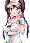  1girl amasora_taichi arm_under_breasts blue_eyes blush breasts brown_hair cleavage double_bun highres long_hair looking_at_viewer mei_(pokemon) open_mouth pointing pokemon pokemon_(game) pokemon_bw2 pokemon_masters simple_background solo twintails very_long_hair visor_cap watch white_background wristwatch 