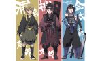  3boys agatsuma_zenitsu alternate_costume axe banner black_footwear black_hair blonde_hair blue_eyes blue_footwear blue_hair brown_hair choker earrings flame_print frown full_body gloves gradient_hair grin hair_slicked_back hanafuda hashibira_inosuke headband japanese_clothes jewelry kamado_tanjirou katana kimetsu_no_yaiba kimono lightning_bolt_print looking_at_viewer multicolored_hair multiple_boys pants red_eyes ribbed_legwear ringorenji scarf sheath sheathed shin_guards short_hair smile standing sword tassel thick_eyebrows two-tone_hair weapon weapon_on_back wide_sleeves wrist_guards yellow_eyes 