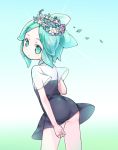  1other amimi aqua_eyes aqua_hair ass bare_arms cowboy_shot flower flower_wreath from_behind gem_uniform_(houseki_no_kuni) glint head_wreath houseki_no_kuni leaf leaning_forward looking_at_viewer looking_back phosphophyllite see-through short_hair short_sleeves solo 