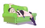  1girl aa-12_(girls_frontline) bandages beret blonde_hair blue_eyes breasts candy cleavage couch food forehead girls_frontline gz_(gzdteee) hat licking lollipop looking_at_viewer lying on_back purple_legwear shorts tongue tongue_out 