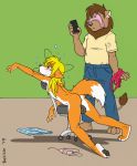  2019 9_to_9 amber_(9_to_9) blonde_hair blue_eyes blush bra breasts brown_fur brown_hair canid canine cellphone clothed clothing delisle dizzy duo felid female fox fur hair hi_res jan_(9_to_9) lion male mammal nipples nude orange_fur pantherine panties phone story story_in_description underwear 