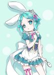  1other amimi animal_ears aqua_background aqua_dress aqua_eyes aqua_hair arm_at_side bare_arms bow bowtie bunny_ears bustier cowboy_shot dress flat_chest flower frilled_dress frills hair_bow hair_flower hair_ornament hand_on_own_chest head_tilt holding houseki_no_kuni leg_ribbon looking_at_viewer parted_lips phosphophyllite pink_bow pink_neckwear pink_ribbon pocket_watch puffy_short_sleeves puffy_sleeves ribbon short_dress short_hair short_sleeves solo transparent watch white_bow 