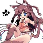  1girl :d ahoge animal_ears bell blue_eyes blush braid brown_hair cat_ears cat_tail claw_(weapon) eyebrows_visible_through_hair fang jingle_bell looking_at_viewer nemui_(nemui) open_mouth paw_print sennen_sensou_aigis simple_background smile solo tail twin_braids two_side_up ur_(sennen_sensou_aigis) weapon white_background 