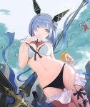  1girl alternate_costume azur_lane bead_bracelet beads bikini bikini_skirt black_bikini_bottom blue_hair blue_ribbon blue_sky bracelet breasts cleavage commentary_request crab cross cross_(weapon) cross_necklace floating_headgear flower gascogne_(azur_lane) hair_between_eyes hair_flower hair_ornament headgear highres holding_cross jewelry large_breasts nanam_(nanam_sk) necklace ocean orange_scrunchie ribbon scrunchie skirt skirt_pull sky solo swimsuit white_bikini_top yellow_eyes 