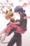  1boy 1girl animal_ears blonde_hair blue_eyes blue_hair bodysuit cat_ears cat_tail chat_noir domino_mask eyebrows_visible_through_hair from_side green_eyes haiyun highres holding_person long_hair looking_at_another marinette_dupain-cheng mask miraculous_ladybug pants pink_footwear pink_pants polka_dot short_hair smile tail tree_branch twintails 
