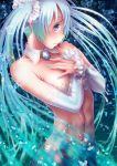  amulet aqua_eyes aqua_hair aqua_nails caustics collar commentary covering covering_chest detached_sleeves frilled_sleeves frills hair_scarf hatsune_miku head_tilt highres hip_bones lips long_hair looking_at_viewer midriff nail_polish navel nude snowflakes twintails upper_body very_long_hair vocaloid water water_drop wokada yuki_miku yuki_miku_(2019) 