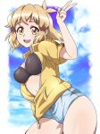  1girl :d absurdres black_bra bra breasts brown_eyes brown_hair cloud cloudy_sky cowboy_shot day denim denim_shorts emmxd325 hair_ornament hairclip highres jacket looking_at_viewer medium_breasts open_clothes open_jacket open_mouth outdoors senki_zesshou_symphogear short_hair short_shorts shorts sky smile solo tachibana_hibiki_(symphogear) thighs underwear unzipped upper_teeth v yellow_jacket zipper zipper_pull_tab 