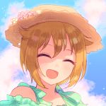  1girl :d ^_^ bangs bare_shoulders blue_sky blush brown_hair brown_headwear closed_eyes cloud cloudy_sky day eyebrows_visible_through_hair facing_viewer flower green_shirt hair_between_eyes hat hat_flower ibuki_tsubasa idolmaster idolmaster_million_live! idolmaster_million_live!_theater_days off-shoulder_shirt off_shoulder open_mouth outdoors pink_flower poyo_(shwjdddms249) shirt short_hair sidelocks sky smile solo upper_body white_flower 