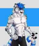  2018 absurd_res antrage athletic biceps blue_eyes blue_hair bottomwear clothed clothing felid feline fur grey_fur hair hi_res invalid_tag male mammal muscular pantherine paws pecs shorts simple_background smile smirk solo stripes tiger topless 