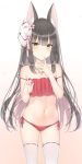  1girl :o animal_ear_fluff animal_ears ass_visible_through_thighs azur_lane bad_anatomy bangs bare_arms bare_shoulders black_hair bra brown_background brown_eyes cherry_blossoms chinese_commentary eyebrows_visible_through_hair flower fox_ears fox_mask gradient gradient_background highres jyt long_hair looking_at_viewer mask mask_on_head multicolored_hair nagato_(azur_lane) navel panties parted_lips pink_flower red_bra red_panties ribbon-trimmed_legwear ribbon_trim side-tie_panties solo thighhighs two-tone_hair underwear very_long_hair white_background white_legwear yellow_eyes 
