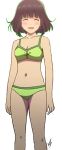  1girl 2019 ^_^ bare_legs bikini blush cleavage closed_eyes collarbone female green_bikini green_swimsuit happy highres joshi_kousei_no_mudazukai kujou_hisui legs looking_at_viewer open_mouth purple_hair scan short_hair smile solo standing swimsuit vzmk2 white_background 