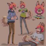  1:1 2019 3_toes anthro biped blue_clothing blue_topwear canid canine canis clothed clothing digital_media_(artwork) domestic_dog fur green_eyes grey_fur hair hi_res holding_object husky inkenginecompany_(artist) inner_ear_fluff male mammal multiple_poses nordic_sled_dog pink_hair pose shirt simple_background smile solo spitz toes tongue topwear watermark white_fur 
