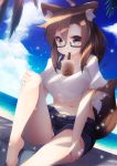  1girl ahoge animal_ear_fluff animal_ears barefoot beach black-framed_eyewear blush breasts brown_eyes brown_hair bubble_tea bubble_tea_challenge closed_mouth cloud colored_eyelashes commentary_request day drink drinking drinking_straw dutch_angle eyebrows_visible_through_hair fox_ears fox_tail glasses hair_between_eyes hair_ornament hairclip hand_on_own_knee hand_on_own_leg kemonomimi_mode kouenji_(sewayaki_kitsune_no_senko-san) medium_breasts navel outdoors ponytail semi-rimless_eyewear sewayaki_kitsune_no_senko-san shirt shorts sitting sky solo sparkle tail tied_shirt torii_(kedamatori) tree under-rim_eyewear water 