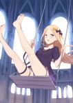  1girl abigail_williams_(fate/grand_order) bangs bare_legs barefoot black_bow black_shirt blue_eyes blush bow breasts collarbone commentary_request fate/grand_order fate_(series) feet hair_bow highres jilu long_hair open_mouth orange_bow parted_bangs shirt shorts sitting small_breasts soles solo swing swinging toes white_shorts window 