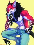  2016 arm_support black_fur black_hair black_sclera blue_claws blue_eyes blue_nipples blue_tongue bottomwear canid canid_demon canine claws clothed clothing demon fur hair hand_on_chin hand_on_hip hellhound jeans male mammal markings matt_(scarywoof) multicolored_fur neara nipples pants red_fur signature simple_background sitting solo spade_tail teeth tongue tongue_out topless white_fur yellow_background 