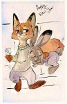  beverage briskby canid canine clothing disney female fox hi_res judy_hopps lagomorph leporid male mammal nick_wilde rabbit sleeping zootopia 