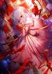  1girl apple_caramel bangs blood blood_from_mouth blurry blurry_background bouquet bow breasts candy_wrapper closed_mouth commentary depth_of_field dress dutch_angle english_commentary eyebrows_visible_through_hair fate/stay_night fate_(series) flower hair_between_eyes hair_bow heaven&#039;s_feel highres knees_up long_hair looking_at_viewer looking_to_the_side matou_sakura medium_breasts picture_frame pink_footwear puffy_short_sleeves puffy_sleeves red_bow red_eyes red_flower red_ribbon ribbon shoes short_sleeves silver_hair sitting smile solo white_dress 