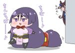  2girls absurdres brown_eyes brown_hair chibi commentary_request double_bun eighth_note fate/grand_order fate_(series) highres long_hair low-tied_long_hair minamoto_no_raikou_(fate/grand_order) multiple_girls murasaki_shikibu_(fate) musical_note open_mouth purple_eyes purple_hair rei_(rei_rr) smile translation_request very_long_hair 