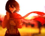  1girl belt black_hair blurry blurry_background blush commentary crying crying_with_eyes_open emblem hair_between_eyes haru_(re_ilust) highres jacket mikasa_ackerman open_mouth outdoors paradis_military_uniform red_scarf scarf shingeki_no_kyojin short_hair solo standing sun_glare sunset tears upper_body 