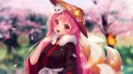  animal blush cherry_blossoms fang fire flowers fox foxgirl hat hyanna-natsu japanese_clothes long_hair multiple_tails original pink_eyes pink_hair spring tail watermark 