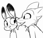  2d_animation animated black_and_white briskby canid canine disney female fox judy_hopps lagomorph leporid licking line_art male mammal monochrome nick_wilde rabbit simple_background tongue tongue_out white_background zootopia 