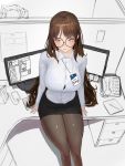  1girl bangs breasts brown_eyes brown_hair button_gap cabinet cellphone closed_mouth collared_shirt computer cubicle desk dlckdgns851 dress_shirt glasses highres id_card keyboard_(computer) large_breasts long_hair monitor mouse_(computer) notebook office office_lady on_desk original pantyhose pen pencil_skirt phone round_eyewear shirt sitting sitting_on_desk skirt smartphone thighs white_shirt 
