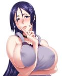  1girl 7346ippo antenna_hair apron arm_under_breasts bangs bare_shoulders blush breasts choker collarbone commentary_request covered_nipples fate/grand_order fate_(series) highres index_finger_raised large_breasts long_hair looking_at_viewer minamoto_no_raikou_(fate/grand_order) naked_apron open_mouth parted_bangs parted_hair purple_eyes purple_hair sideboob very_long_hair 