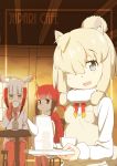  3girls :d absurdres alpaca_ears alpaca_suri_(kemono_friends) alpaca_tail animal_ears bangs bird_wings blonde_hair blouse breast_pocket brown_hair chair closed_mouth commentary_request cup drinking empty_eyes expressionless eyebrows_visible_through_hair funakenblue fur-trimmed_sleeves fur_collar fur_trim gloves hair_bun hair_over_one_eye hand_up head_tilt head_wings highres holding holding_cup holding_tray indoors japanese_crested_ibis_(kemono_friends) kemono_friends long_hair long_sleeves looking_at_viewer medium_hair multicolored_hair multiple_girls neck_ribbon open_mouth pantyhose pleated_skirt pocket red_eyes red_gloves red_hair red_legwear ribbon scarlet_ibis_(kemono_friends) shadow shirt silver_eyes sitting skirt smile sweater_vest table tail teacup teapot tray twintails white_hair window wings yellow_eyes 