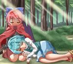  2girls :o against_tree arms_at_sides black_shirt blue_hair blue_skirt blue_vest blush bow bush cape commentary_request day eyebrows_visible_through_hair forest geta hair_bow juliet_sleeves lap_pillow legs_together light_rays long_sleeves lying lying_on_person multiple_girls nature on_ground on_side outdoors puffy_sleeves red_cape red_hair red_skirt seiza sekibanki shade shiny shiny_hair shirt short_hair sitting skirt sleeping sugiyama_ichirou sunbeam sunlight tatara_kogasa touhou tree under_tree vest white_shirt 