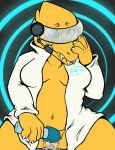  alphys anthro belly bodily_fluids bottomless breasts chubby_female claws clothed clothing drooling female genital_fluids hand_on_face headgear headphones headset hi_res hitachi_magic_wand hypnosis hypnotic_visor lab_coat masturbation mind_control navel non-mammal_breasts pussy_juice reptile saliva scalie self_hypnosis sex_toy sharp_teeth shroomyeen slightly_chubby solo spiral_eyes teeth undertale vibrator video_games 