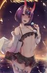  1girl absurdres backlighting bangs bare_shoulders bikini blunt_bangs blush bob_cut breasts collarbone commentary_request eyebrows_visible_through_hair eyeshadow fangs fate/grand_order fate_(series) food groin hair_between_eyes headpiece highres horns jacket makeup navel ocean off_shoulder oni oni_horns open_mouth popsicle purple_eyes purple_hair red_eyeshadow revision sherryqq short_hair shuten_douji_(fate/grand_order) small_breasts solo stomach sunset swimsuit water water_drop 