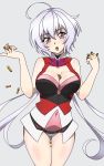  1girl absurdres ahoge between_breasts breasts cleavage cleavage_cutout covered_navel cowboy_shot emmxd325 eyebrows_visible_through_hair grey_background highres large_breasts lavender_hair leg_hold leotard long_hair looking_at_viewer mouth_hold purple_eyes senki_zesshou_symphogear shell_casing simple_background smile solo symphogear_pendant thigh_gap very_long_hair yukine_chris 